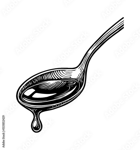 Engraved illustration of a spoon with liquid dripping from it in black and white