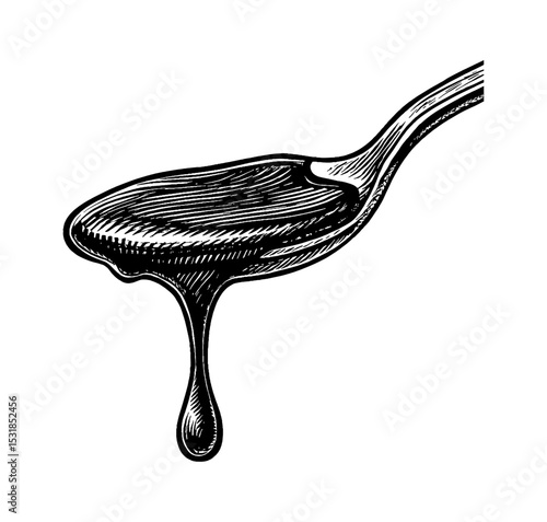 Engraved illustration of a spoon with dripping liquid, isolated on a white background