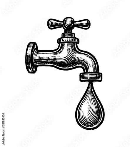 Detailed Engraving Style Illustration of a Faucet with a Dripping Water Drop