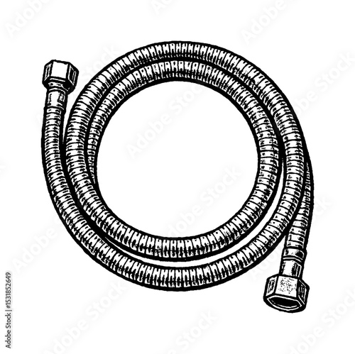 Close up Black and White Illustration of a Corrugated Water Hose with Metal Fittings