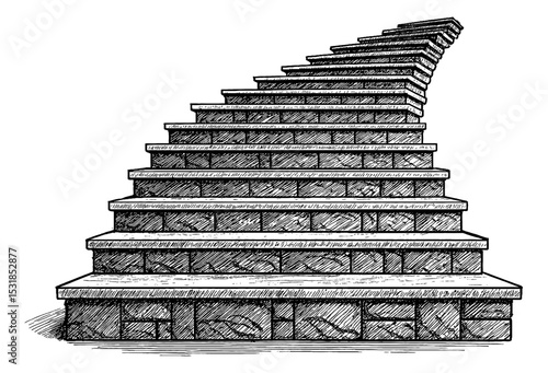Illustration of Stone Staircase in Black and White Engraving Style, Leading Upward
