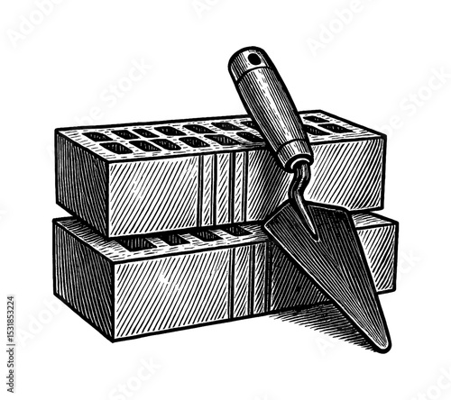 Engraved illustration of two bricks stacked with trowel laying on top