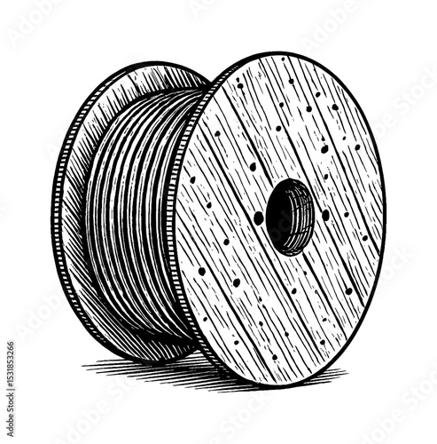 Illustration of a wooden cable reel with cable, in black and white detailed engrave art