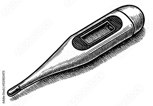 Digital Thermometer Close Up in Detailed Engraving Style Black and White Illustration