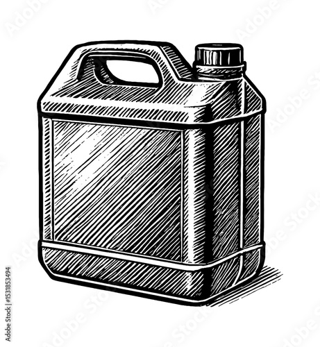 Vector Illustration of Plastic Jerrycan in Black and White Detailed Engraving Style