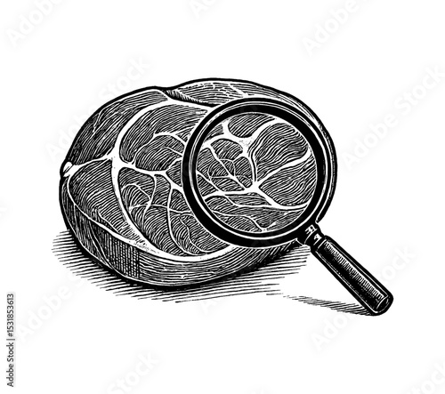 Engraved illustration of a nutmeg with a magnifying glass showing the intricate details.