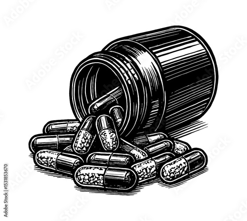 Pills Spill Out of a Pill Bottle in Detailed Black and White Line Art Drawing