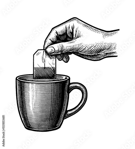 Hand dipping tea bag into mug of hot water, black and white line drawing.