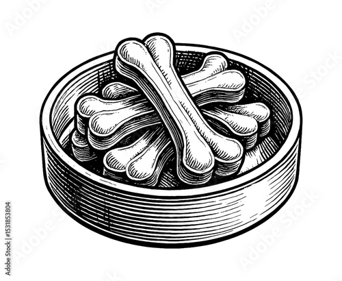 Heap of bones in round container, black and white drawing art detailed line