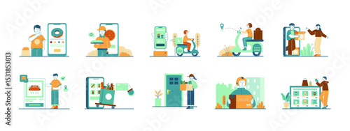 Online food illustrations set. Food delivery concept. Flat vector illustrations.