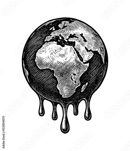 Melting Earth Globe in Engraved Style Showing Africa and Europe Continent