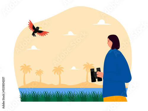 Woman using binoculars to do bird watching near river. Bird watch illustration. Flat vector illustration.