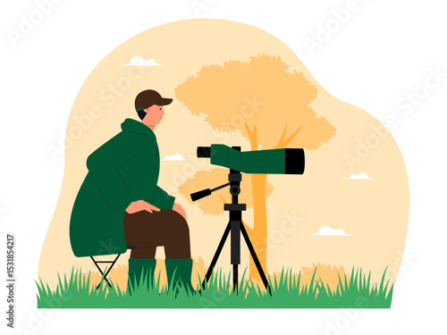 Man waiting for birds to approach his location. Bird watch illustration. Flat vector illustration.