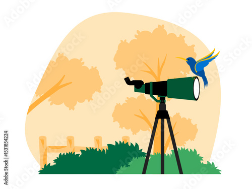 Small sized bird perched on a monocular lens. Bird watch illustration. Flat vector illustration.