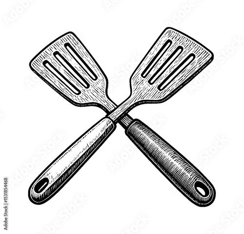 Engraved Crossed Spatulas for Cooking Food Preparation in Kitchen