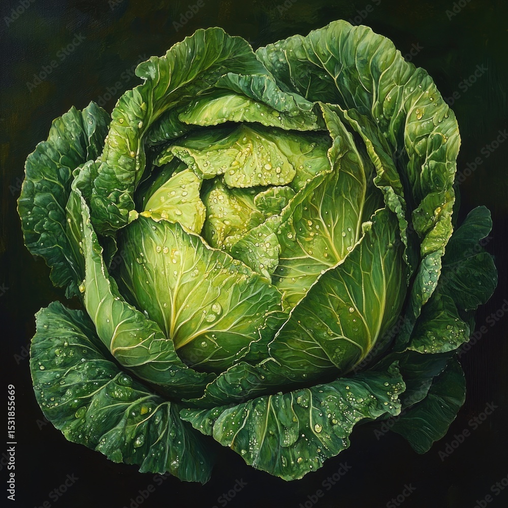 Fototapeta premium Close-up of a head of fresh cabbage, vibrant green leaves, detailed textures, water droplets