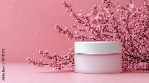 Wallpaper Mural White beauty jar with pink flower branches on pink background, creating a fresh and natural beauty product display scene, conveying gentle texture. Torontodigital.ca