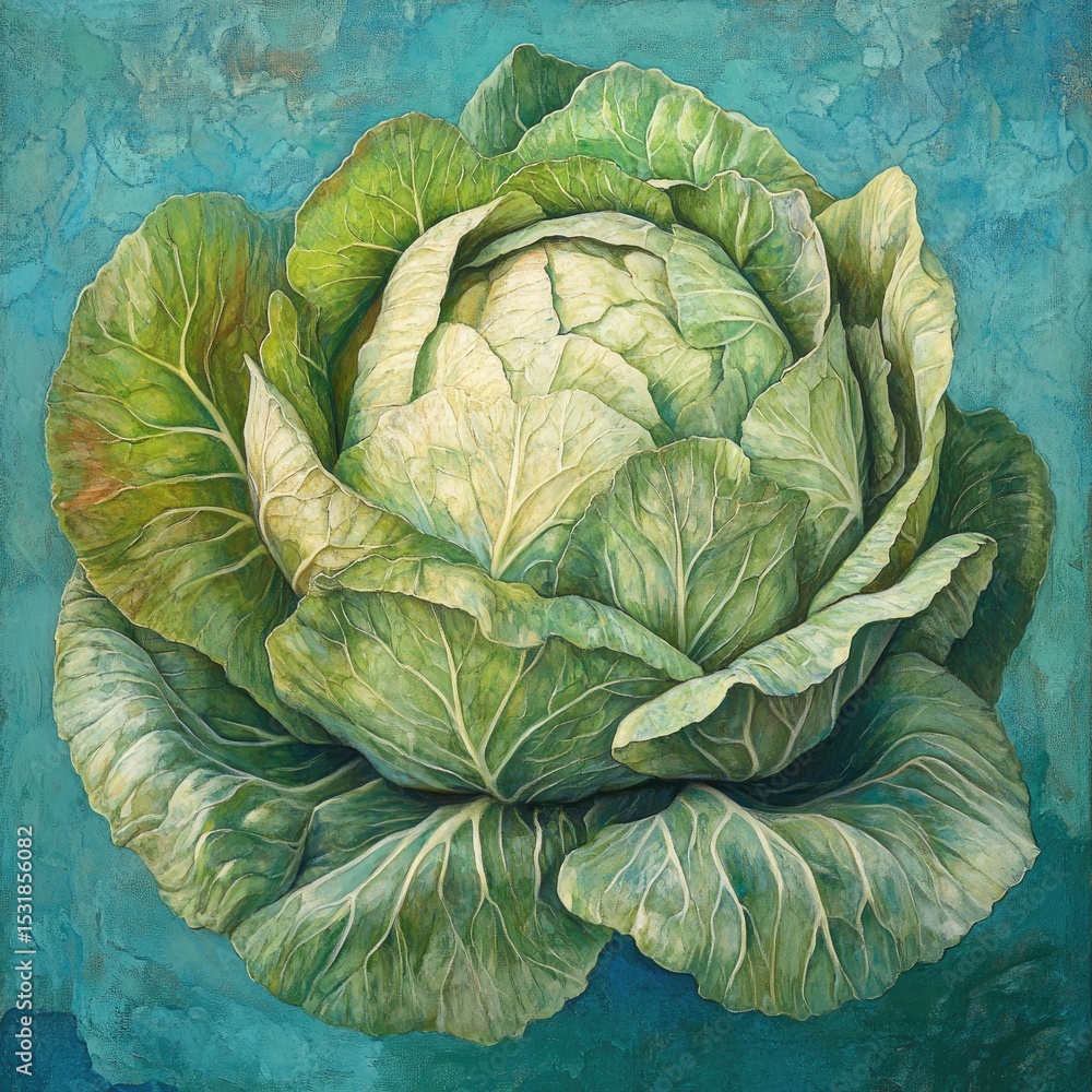 Fototapeta premium Close-up of a vibrant head of cabbage, rendered in detailed botanical style. Green and creamy-white leaves tightly arranged, set against a textured teal-blue background