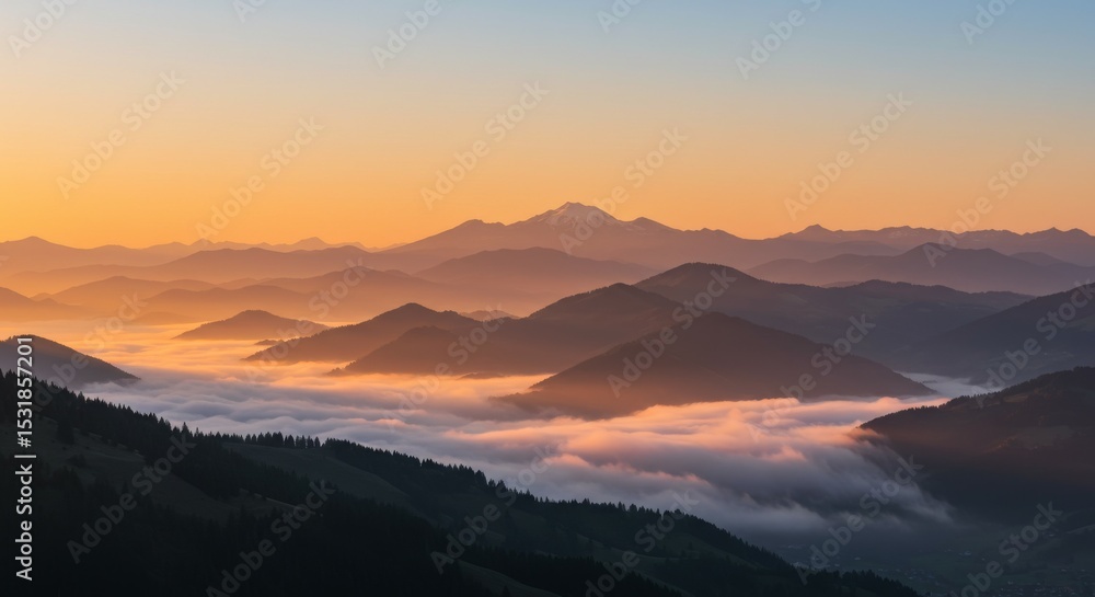 Serene mountain landscape at sunrise/sunset with layered peaks and misty valleys. Golden light illuminates the scene. Perfect for nature, travel, o... Serene mountain landscape at sunrise/sunset with layered peaks and misty valleys. Golden light illuminates the scene. Perfect for nature, travel, o...