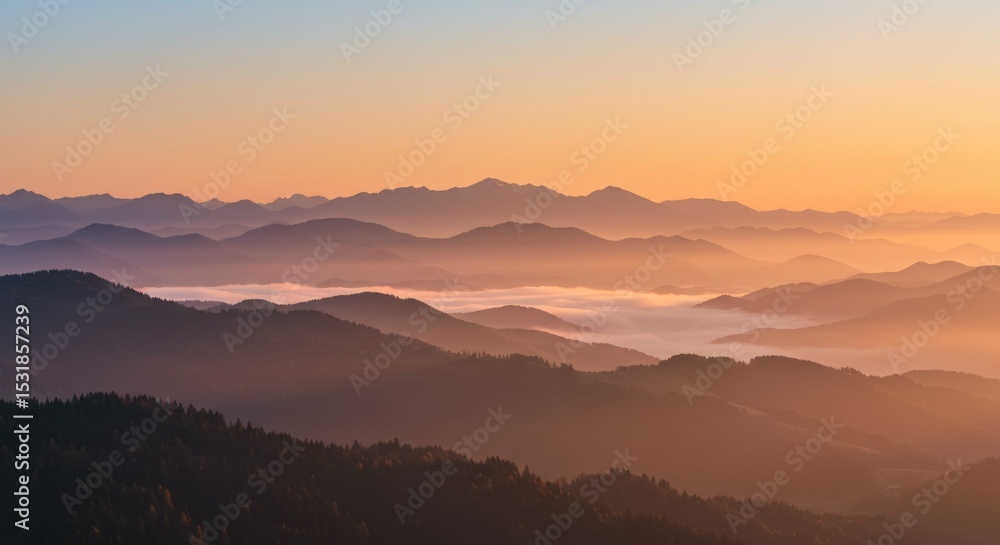 Serene mountain landscape at sunrise/sunset with layered peaks and misty valleys. Golden light illuminates the scene. Perfect for nature, travel, o... Serene mountain landscape at sunrise/sunset with layered peaks and misty valleys. Golden light illuminates the scene. Perfect for nature, travel, o...