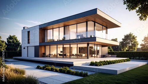 Modern Architectural Design: Luxury Two-Story Home with Expansive Windows and Terrace