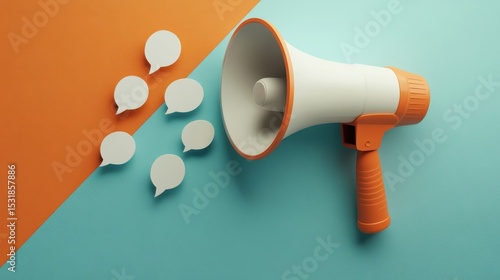 Orange megaphone and speech bubbles on dual tone background