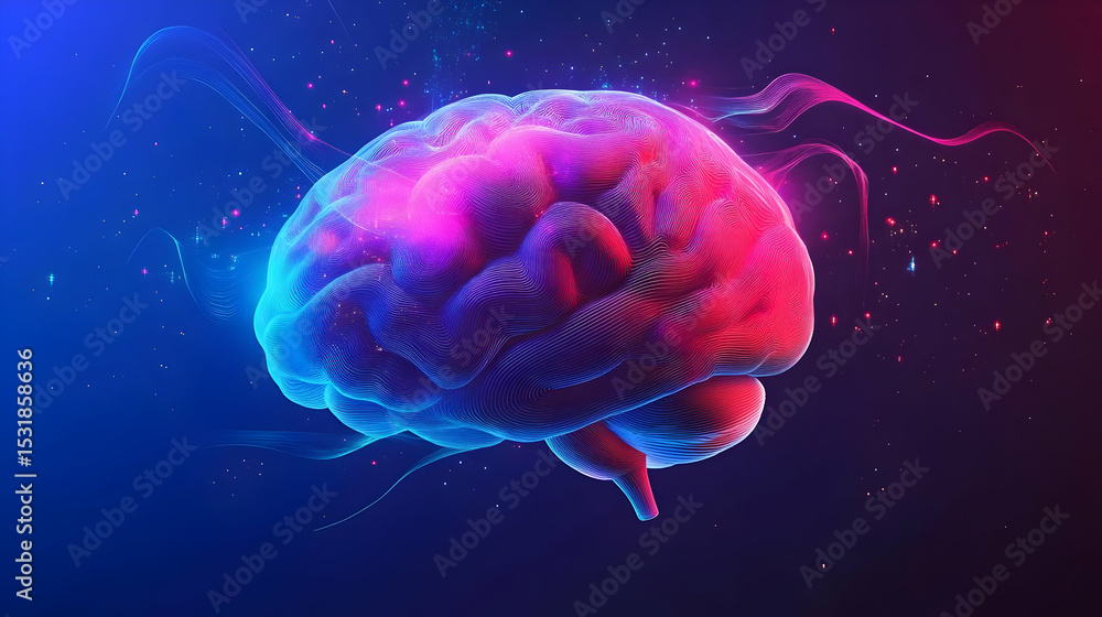 Abstract Pink And Blue Digital Brain Glowing With Particles Abstract Pink And Blue Digital Brain Glowing With Particles