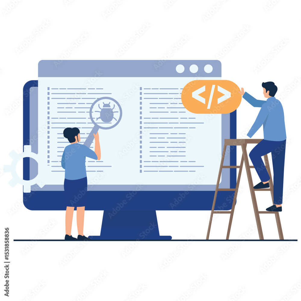 Fototapeta premium IT Services Illustration. Vector illustration of Team analyzing and fixing bugs in source code displayed on a giant screen. Isolated on background