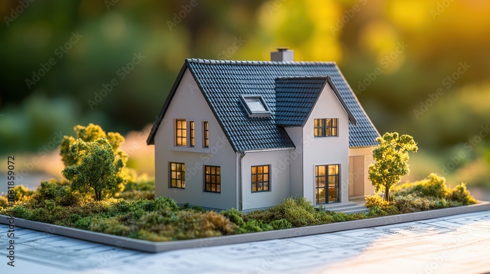 Architectural model house on blueprint Architectural model house on blueprint