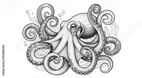 Highly Detailed Octopus Ink Drawing with Curled Tentacles on White Background