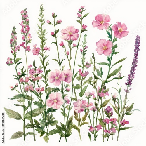 Watercolor Painting of Delicate Pink Wildflowers with Green Leaves on White Background
