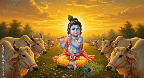 Lord krishna flute cows hindu god hinduism divine spirituality mythology art