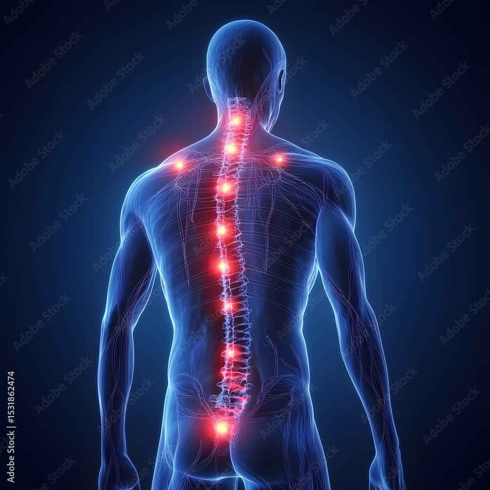 Human body with glowing red pain points on neural pathways illustrating pain or nerve stimulation, set against a dark blue background Human body with glowing red pain points on neural pathways illustrating pain or nerve stimulation, set against a dark blue background