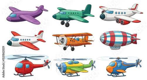 A collection of colorful aircraft including planes, helicopters, and a zeppelin