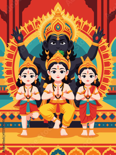 The Jagannath Deities , in black, an abstract form with Krishna, with his brother and sister 