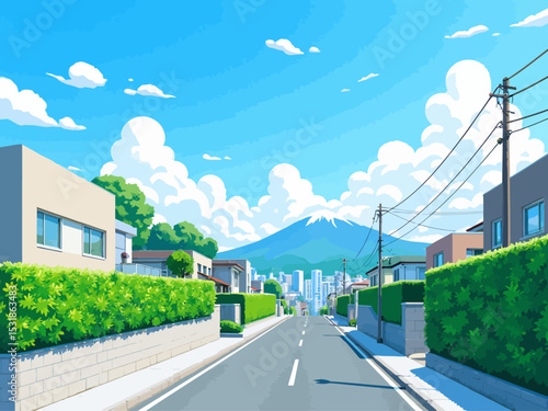  a modern residential street in South Korea during summer, 2-point perspective, lined with clean low-rise contemporary houses with flat roofs and large windows 