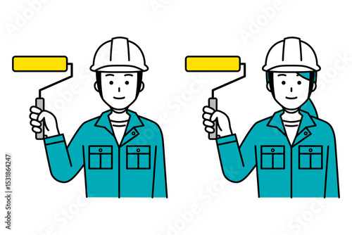 ペイントローラーを持つ作業員の男女　セット