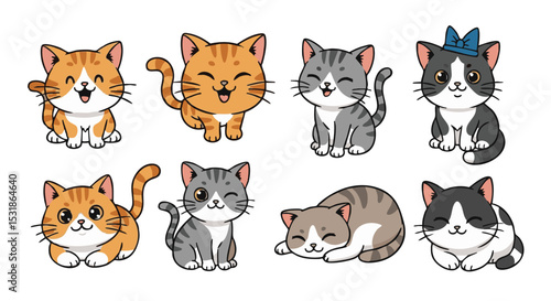 A colorful illustration of eight cute cartoon cats in various poses and expressions