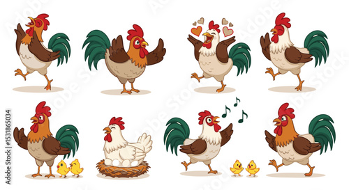  Cartoon chickens in various playful poses, showcasing fun and lively expressions.