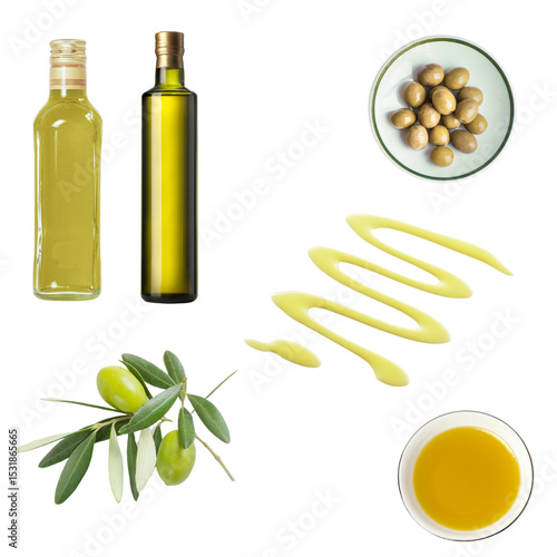 Photography A creative top-down composition showing olive oil in glass bottles, a drizzle swirl, a bowl of golden oil, fresh olives on a branch, and a small dish of marinated olives