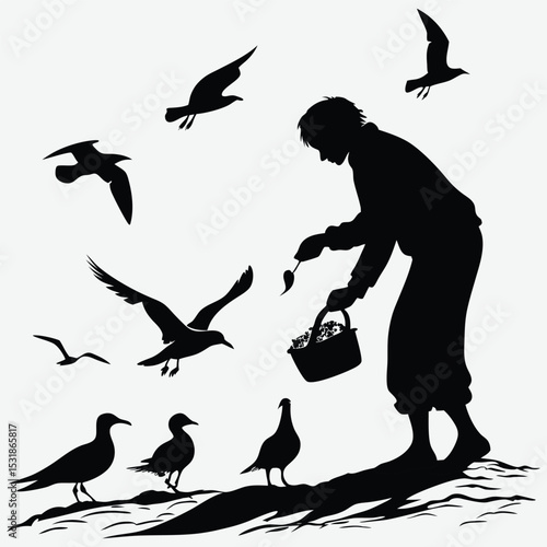A person feeding seagulls on the shore image silhouette design vector art and illustration	