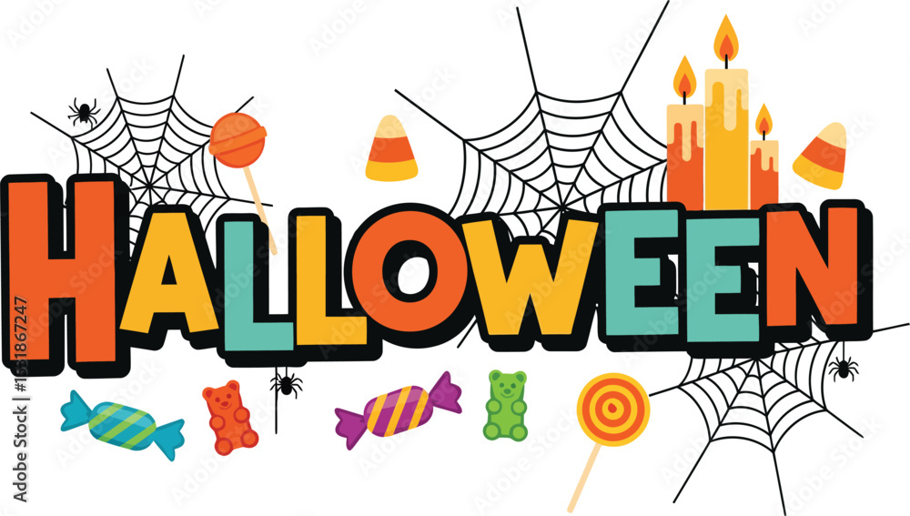 Happy Halloween Title with Candy and Spiders Happy Halloween Title with Candy and Spiders