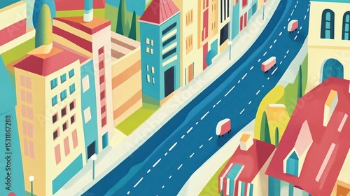 Colorful city street scene, aerial view