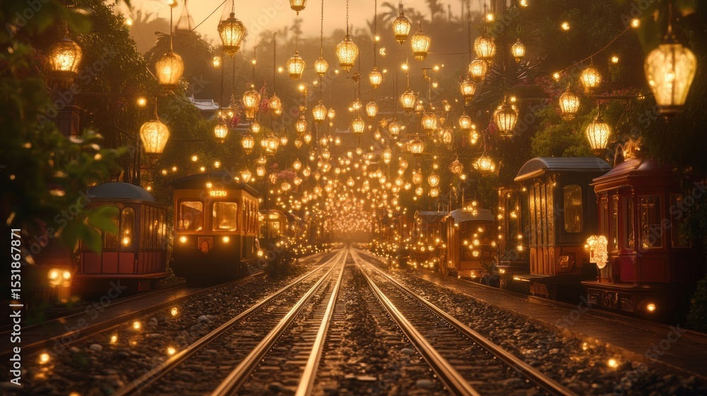 Train tunnel, warm glow, lanterns, magical Train tunnel, warm glow, lanterns, magical