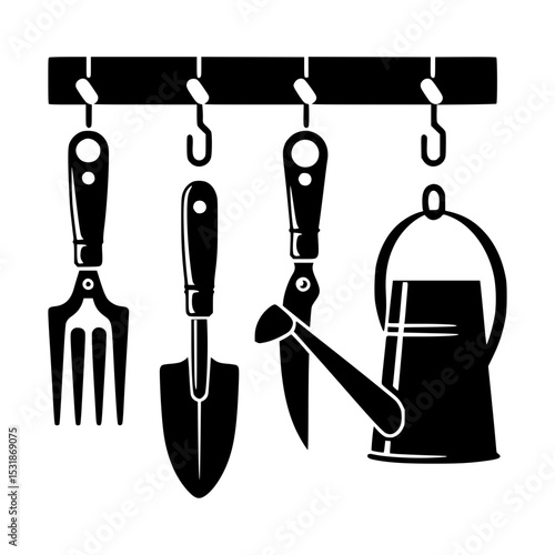 Gardening tools hanging on rack silhouette