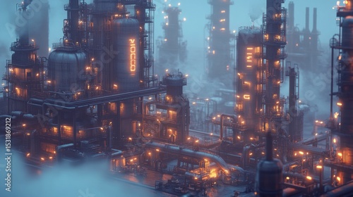 Industrial complex shrouded in mist, lit by warm orange lights