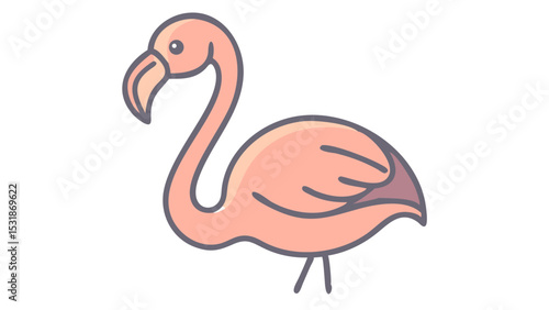 Cute and Simplified Flamingo Logo Icon with Long Legs, Tilted Head, and Playful Pose in Flat Minimalist Style