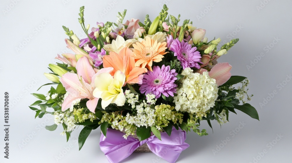 A bright and cheerful bouquet of pastel-colored flowers with a ribbon, perfect for an Easter gift or celebration. A bright and cheerful bouquet of pastel-colored flowers with a ribbon, perfect for an Easter gift or celebration.