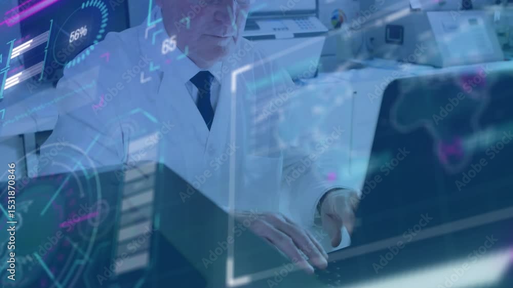 Senior scientist initiating lab data overlays tapping keyboard, donning ...