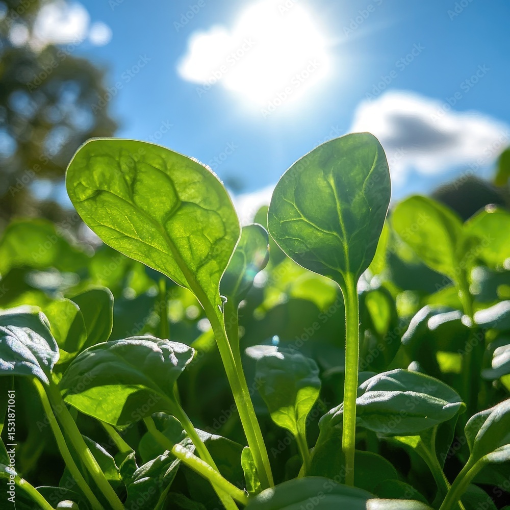 Obraz premium Close-up of vibrant spinach leaves, bathed in sunlight